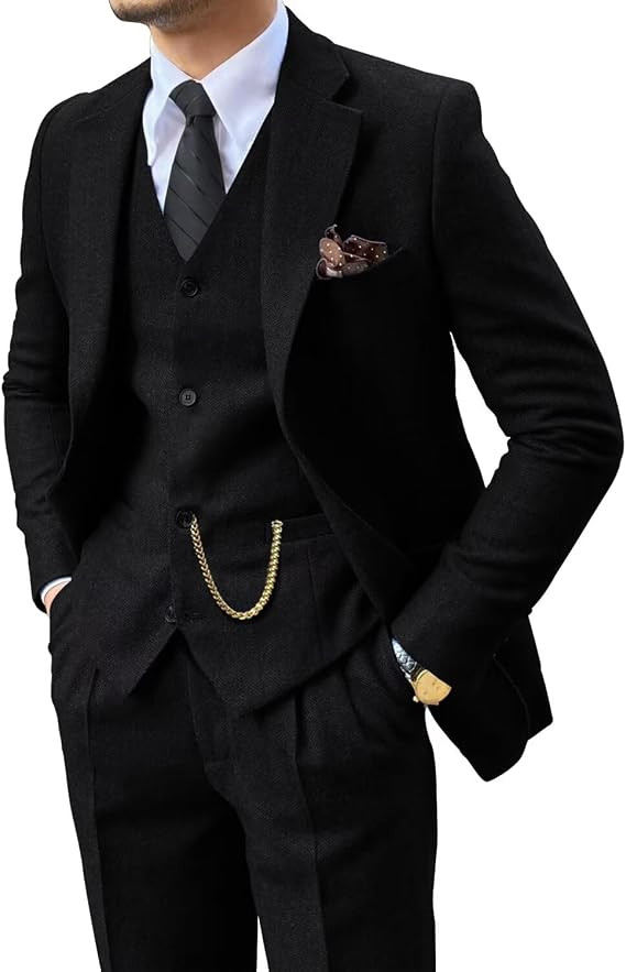 Retro 3 Piece Suit Tweed Herringbone Men's Suits Slim Fit Jacket Vest Pant