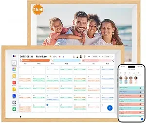 Digital Calendar 15.6" Digital Wall Planners for Family Schedules, Electronic Calendar with 1920*1080 Interactive Touchscreen, Digital Photo Frame Built-in 64GB Memory, Smart Calendar-Wooden