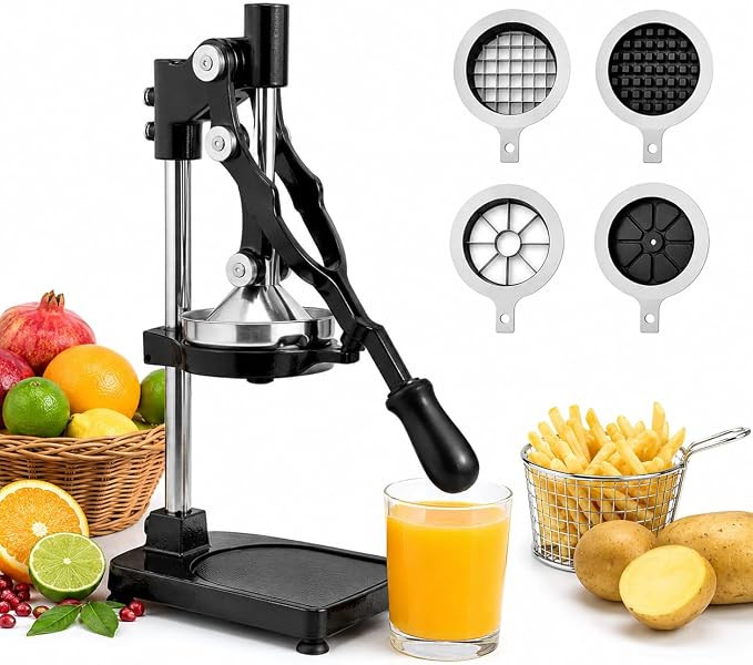 2-in-1 Heavy Duty Cast Iron Manual Juicer & Vegetable Chopper — Hand Press Citrus Squeezer & Food Dicer with Interchangeable Blades, No Electricity, Easy Clean, Fresh Juice & Meal Prep in Seconds