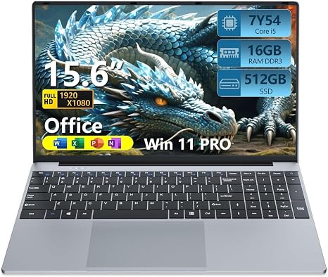 DUNHOO 15.6 inch Laptop with Core i5-7Y54 Processor Laptop Computer 16GB RAM 512GB SSD, 180°Open Lap Top, FHD 1920*1080, WiFi5, BT4.2, Win 11 Pro, Backlit Keyboard