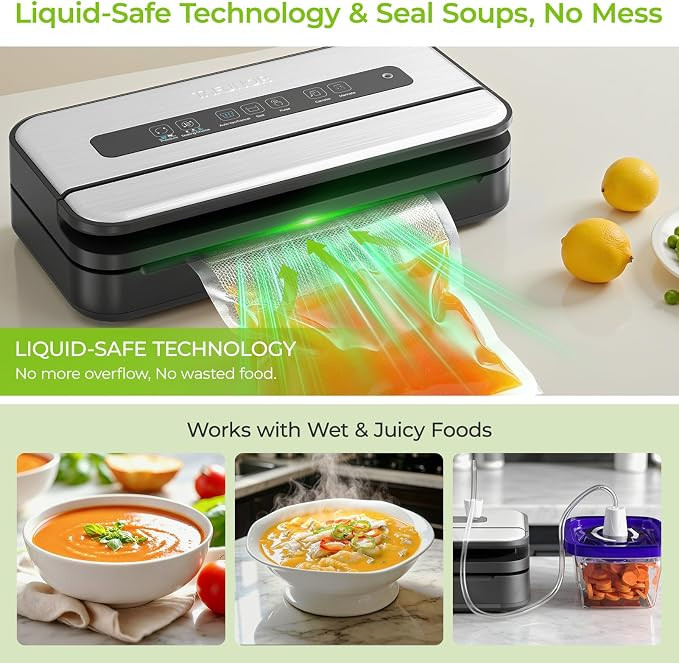 Vacuum Sealer Machine, 80kPa Powerful Suction, One-Touch Automatic Food Sealer with Built-in Cutter & Bags Included, Dry Moist