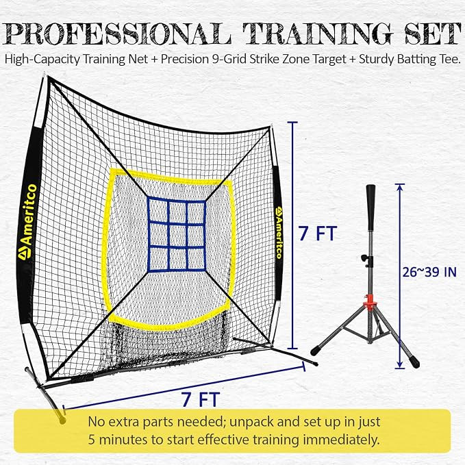 Baseball Net，7x7ft Baseball Practice Net with Tee and Target, Large Pocket Sports net for Hitting/Batting/Pitching/Throwing,Scratch