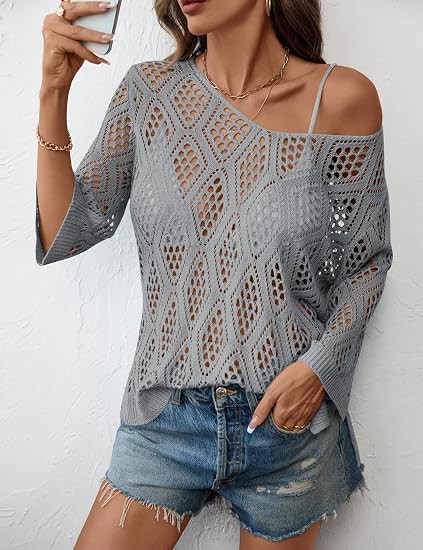 LOMON Womens 3/4 Sleeve Crochet Tops Summer V Neck Beach Cover Ups