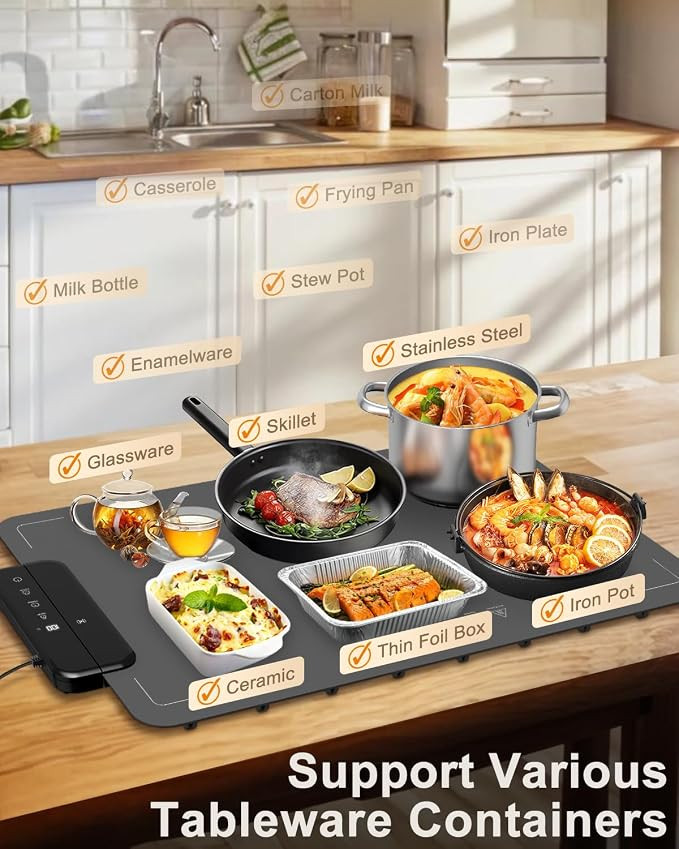 Electric Warming Mat for Food, ZAPLIT 24''x16 Washable Silicone Warming Tray with 6 Temp Settings, 6 Timers