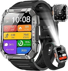 Military Smart Watch for Men(Answer/Make Call), Outdoor Sports Smartwatch with Flashlight/100 Days