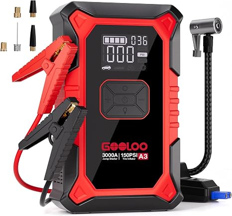 Car Jump Starter with Air Compressor, Portable Battery Charger jumpstart 12V Vehicles(9.0Gas 8.0LDiesel), Car Jumper Starter with 150PSI Tire Inflator, Jump Box with USB Charging &LED Light