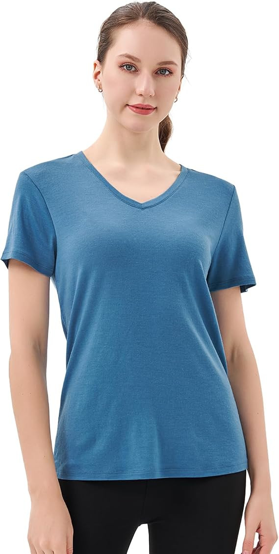 Merino Protect  Wool V Neck T-Shirt for Women Short Sleeve Base Layers Odor Resistance Tops for Outdoor Hiking