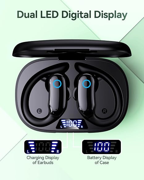 GNMN Active Noise Cancelling Ear Buds Wireless Earbuds 96hrs Playback Bluetooth Headphones Dual Battery Display Stereo Bass Earphones with Earhooks Microphone IPX7 Waterproof for Sports
