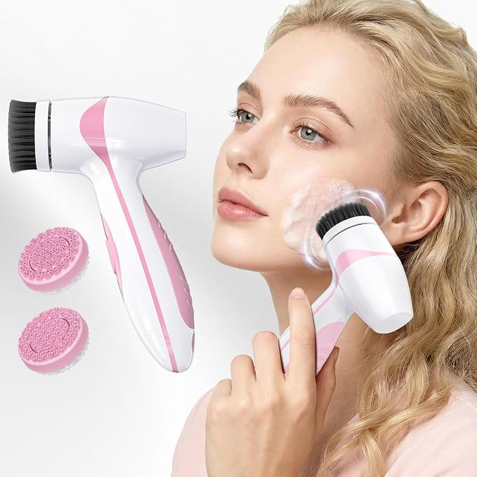 Rechargeable Facial Cleansing Brush – Dual Rotating Electric Face Scrubber with 3 Brush Heads, Waterproof Exfoliator for Deep Cleansing
