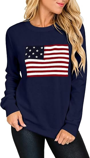 Dressmine Womens American Flag Sweater Long Sleeve Crew Neck Pullover