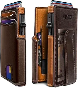 Men, Magnetic Minimalist Slim Wallet with Pop Up Card Holder, 9 Cards RFID Blocking Metal Credit Card Case, Leather Wrapped Money Clip