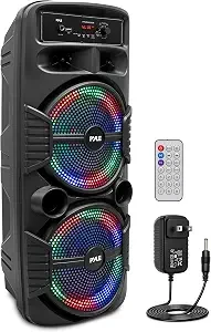 Pyle Portable Bluetooth PA Speaker System - 600W Rechargeable Outdoor Bluetooth Speaker Portable PA System w/ Dual 8” Subwoofer 1” Tweeter, Microphone In, Party Lights, USB, Radio, Remote - PPHP2835B