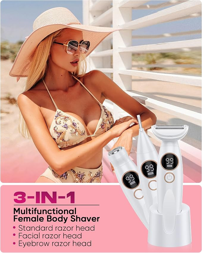 3 in 1 Bikini Trimmer for Women, Electric Razors for Women with Display, Painless Bikini Trimmer, USB Charging, Electric Shaver for Woman,Shaver for Woman for Face