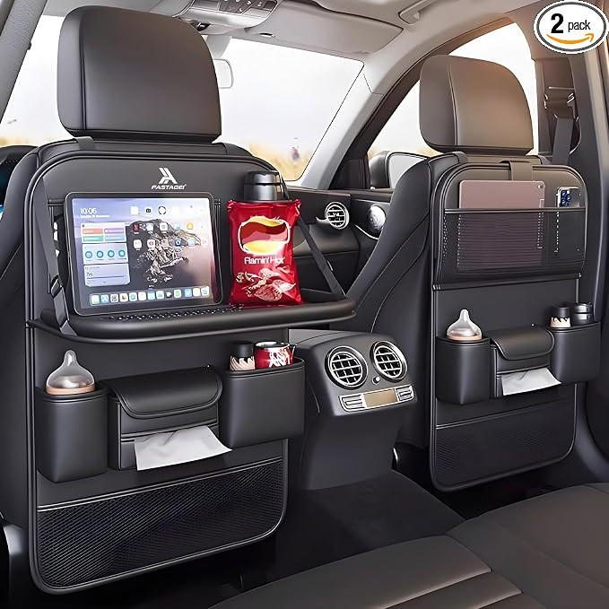 2 Pack Universal Foldable Car Backseat Organizer with Table Tray, Car Seat Back Protector with Touch Screen Phone Holder, Premium Leather Kick Mats with Storage Pockets Tissue Holder