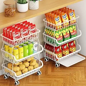 3-Tier Rolling Pantry Cart with Wheels, Stackable Wire Storage Floor Organizer for Kitchen Pantry Snack Shelves, Fruit Basket Stand, Vegetable Storage Rack for Food