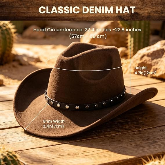 Vintage Western Cowboy Hat, Wide Brim Cowboy Hat with Decorative Belt for Men and Women, Fashion Cowboy Accessories, Size:M (Coffee)