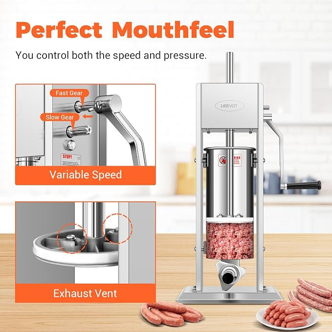 LEEVOT 15LBS/7L Manual Sausage Stuffer, Professional Stainless Steel Sausages Maker & Filler Kit with 2 Speed, 5 Stuffing Tubes