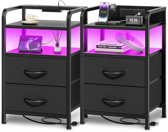 Nightstands Set of 2, Night Stand with LED Lights, Charging Station