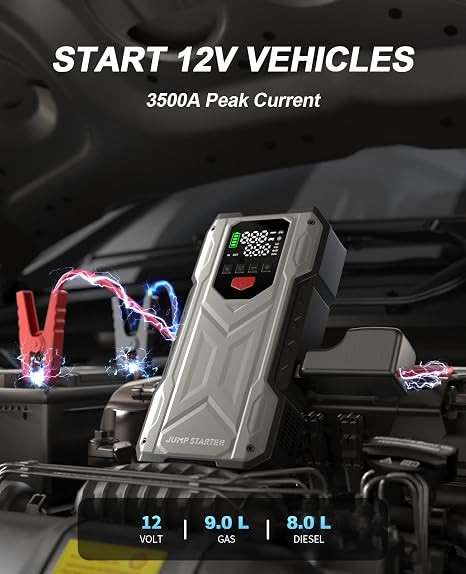 Car Jump Starter with Air Compressor, Portable Battery Charger jumpstart 12V Vehicles(9.0Gas 8.0LDiesel), Car Jumper Starter with 150PSI Tire Inflator, Jump Box with USB Charging &LED Light