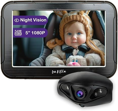 Ella Camio Wired Car Baby Camera & Monitor, Rear Facing Carseat in Backseat with night vision for infants, Safe Driving View with Night Vision, Easy Install, Universal