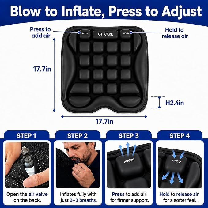 Seat Cushion, Air-Cell Travel Cushion for Long Flights, Inflatable Portable Seat Pad with Built-in Pump for Air Travel, Car, Office Chair and Wheelchair