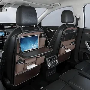 2 Pack Universal Foldable Car Backseat Organizer with Table Tray, Car Seat Back Protector with Touch Screen Phone Holder, Premium Leather Kick Mats with Storage Pockets Tissue Holder